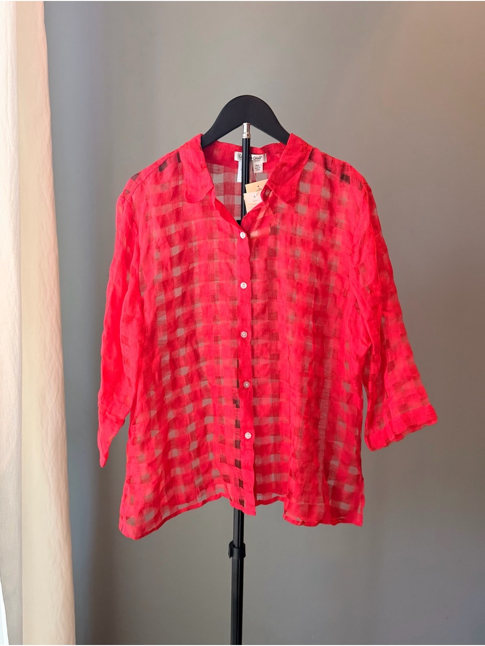 Coldwater Creek PXL Red Check Sheer Linen Top Picnic Cookout Fourth of July NWT